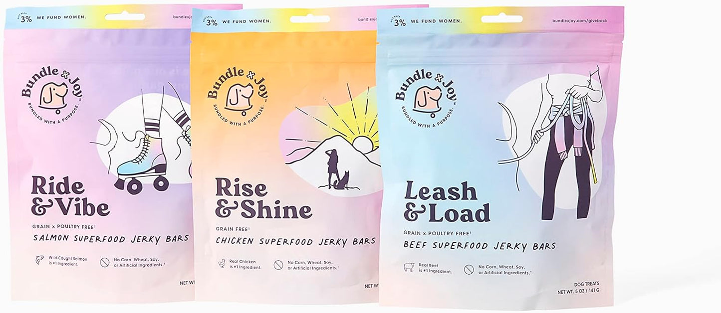 Bundle x Joy Dog Treats Jerky Snack Bars, Variety 3-5 oz Bags, Training Treats, Natural Superfood Grain Free, Real Salmon, Chicken, Beef, Superfoods, Corn & Soy Free