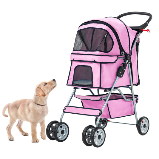 Dog Stroller, Folding 4 Wheels Pet Stroller for Small Medium Dog Cat Travel Carrier with Weather Cover Storage Basket Cup Holders Pink