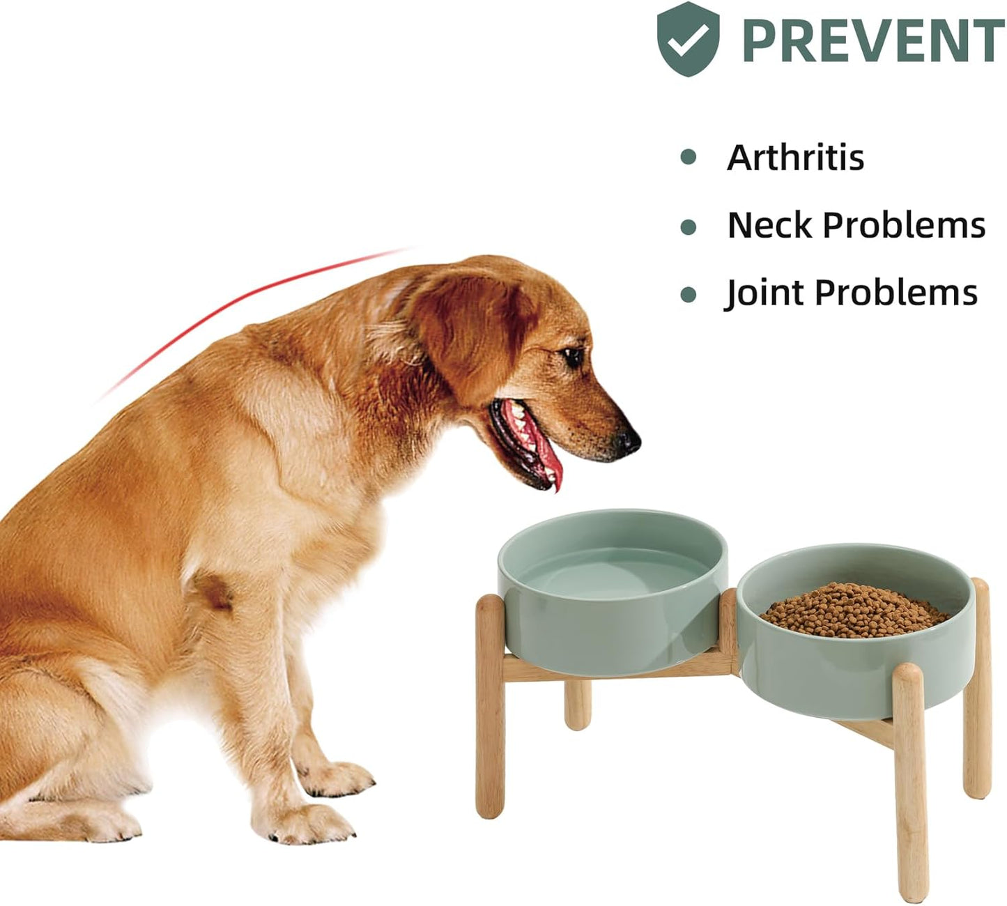 Ceramic 8.2inch Raised Dog Bowl with Stand for Large- Breed Dogs, Pet Food and Water Feeder (Double Bowl with Stand - Light Green)