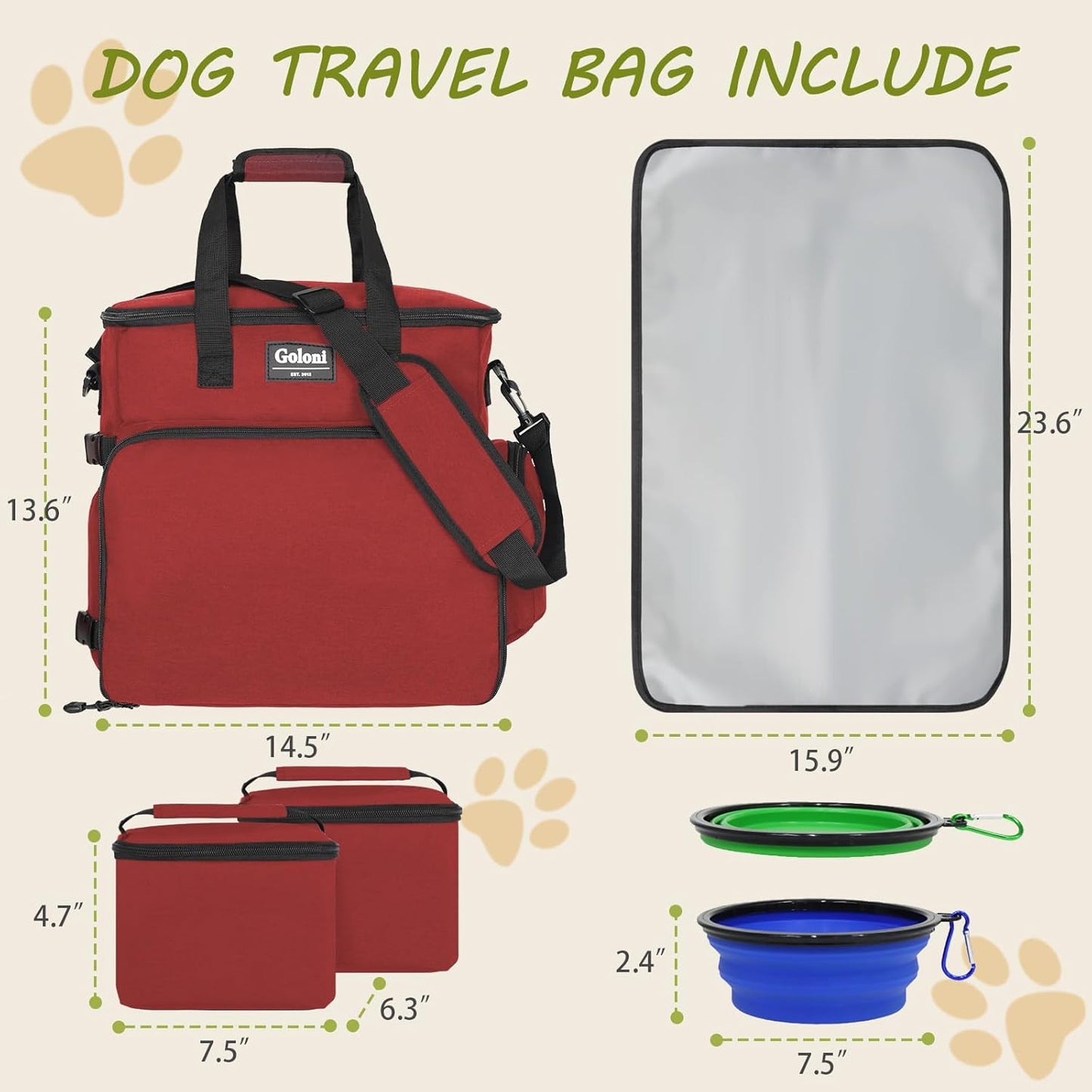 Dog Travel Bag Airline Approved–Pet Travel Tote with Collapsible Bowls,Food Containers & Feeding Mat–Multi-Pocket Organizer for Dogs & Cats, Durable & Water-Resistant for Hiking,Trips,Outdoors
