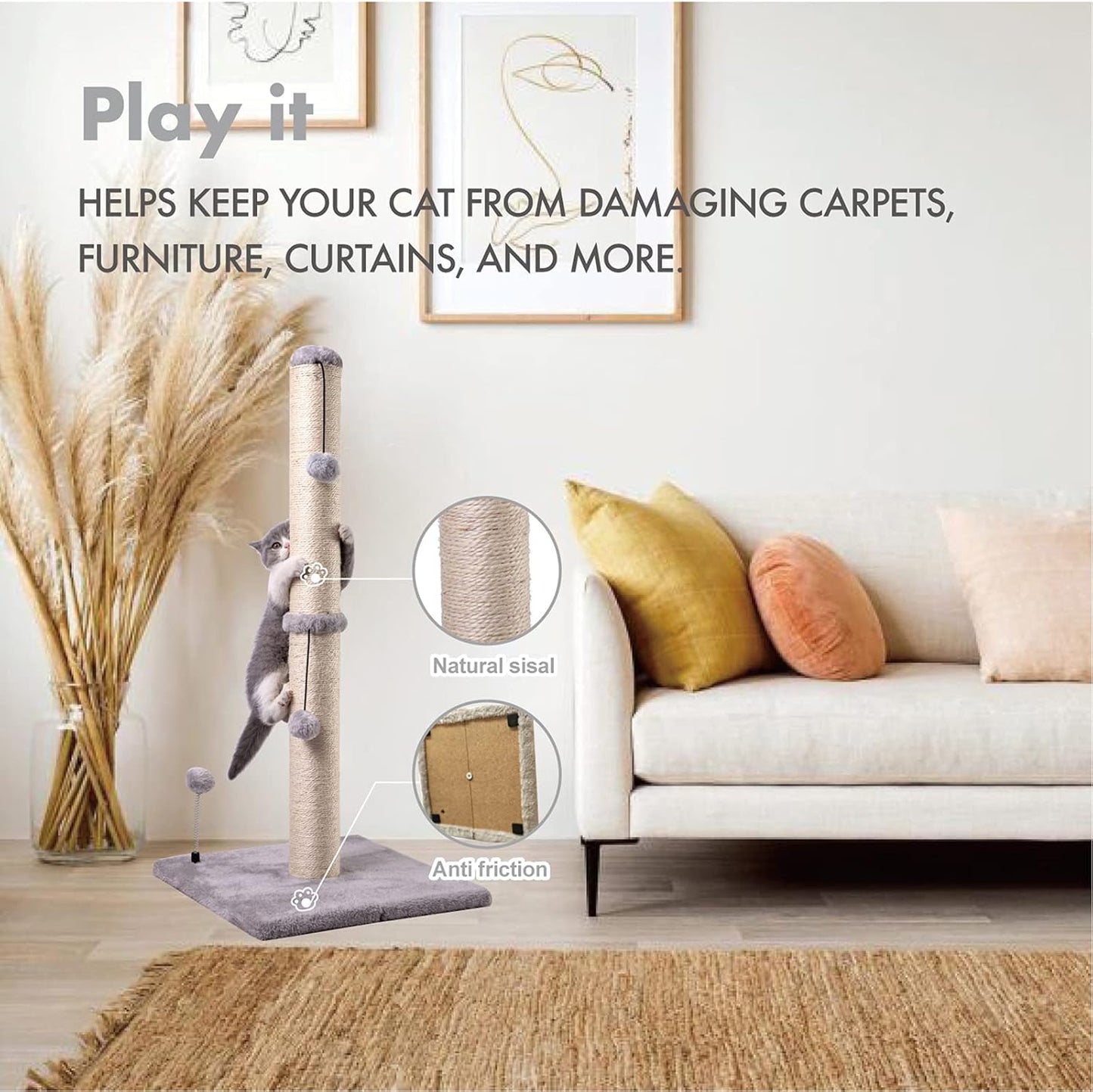 MECOOL 34“ Tall Cat Scratching Post Premium Basics Kitten Scratcher Sisal Scratch Posts Trees with Hanging Ball for Indoor Cats, Gray