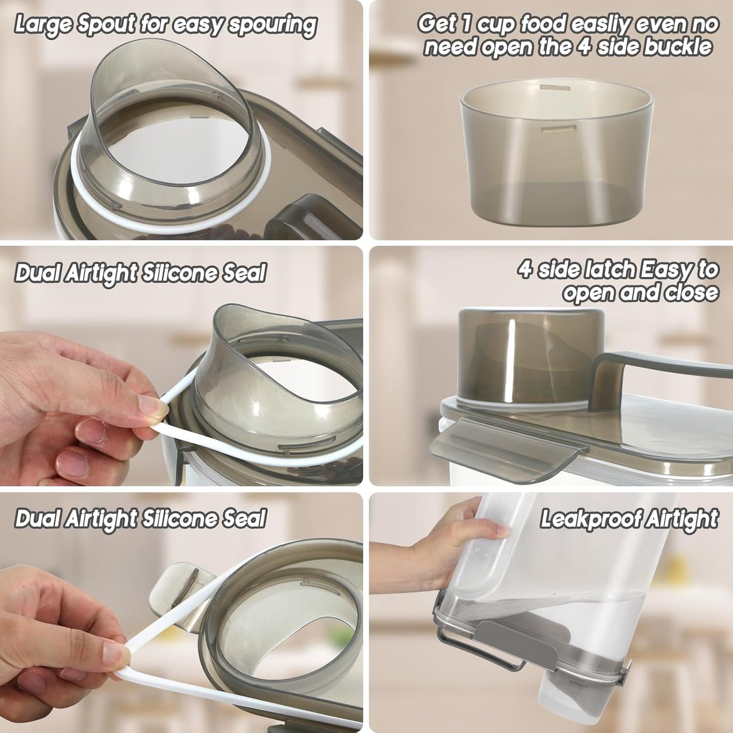 Large Spout Pet Food Storage Container, 10LBS Meter Dispenser with Handle,Measuring Cup, Double Sealing Tape and 4 Safety Snaps to Seal Dog Food and Cat Food