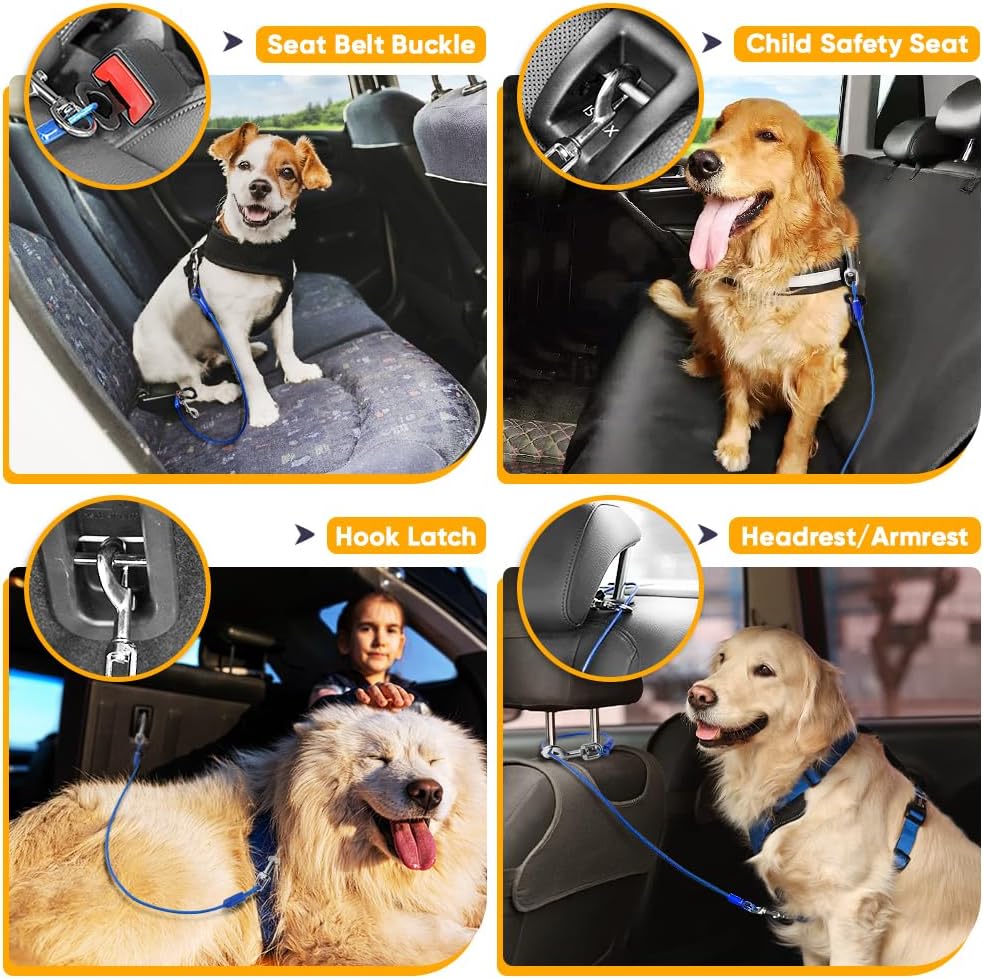 Petbobi Dog Seat Belt for Car - Chew Proof Durable Dog Seatbelt Tether for Small Medium Large Pets - Metal Vehicle Harness Restraint with Double Clips and Latch - Car Leash for Safety Travel
