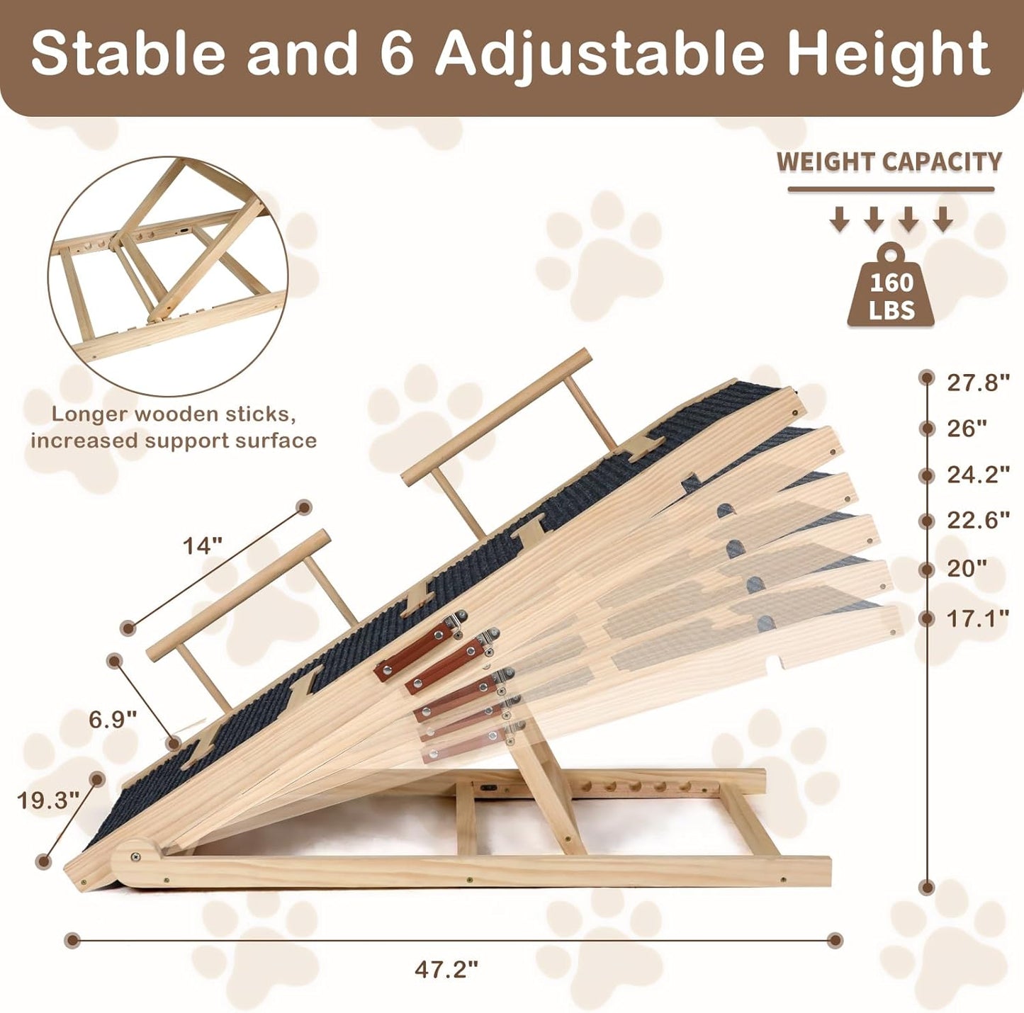 Dog Ramp for Bed Couch Extra Wide Folding Pet Ramps for Large Dogs to Get on Bed, Portable Doggie Steps 6 Adjustable Height 27.3”, 47.3" Long