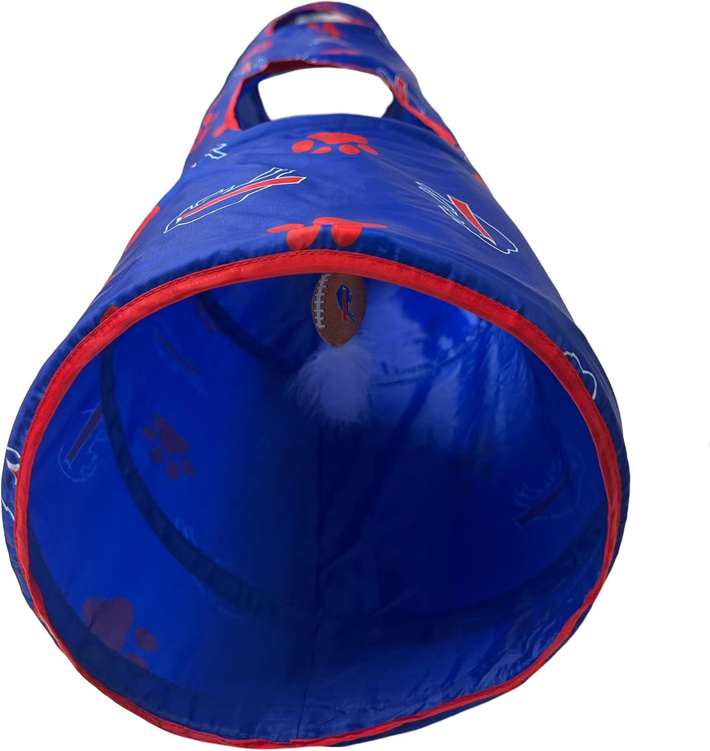 NFL Buffalo Bills Cat Tunnel Tube Toy with Plush Football Catnip and Feathers Collapsible Tunnel for Cats to Play, Peek and Hide, Sporty & Fun Cat Tunnel Toy with Team Logo All-Over Design!