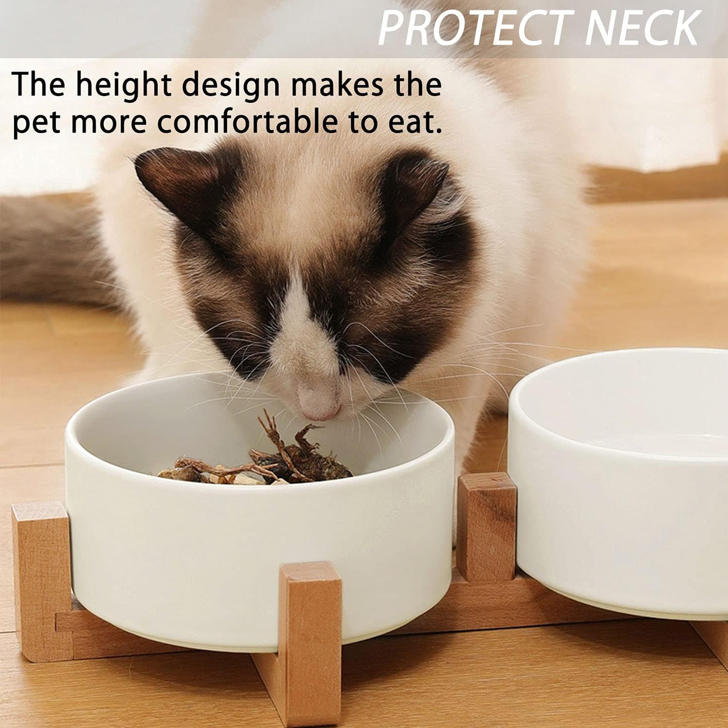 Petygooing Dog Bowls,White Ceramic Cat and Dog Bowl Set with Wood Stand for Food and Water, Non-Slip Cute Modern Pet Dish Set for Cats & Medium Dogs (28OZ)