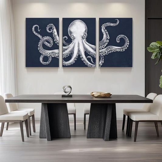 Octopus Wall Decor, Octopus Canvas Wall Art, Ocean Wall Decor,Sea Animal Canvas to Paint for Bathroom, Living Room, Bedroom (12" x 18" x 3 pcs)