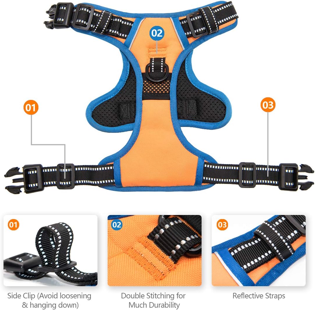 PHOEPET 2019 Reflective Dog Harness Large Breed Adjustable No Pull Vest with with Handle 2 Metal Rings 3 Buckles [Easy to Put on & Take Off](L, Orange)
