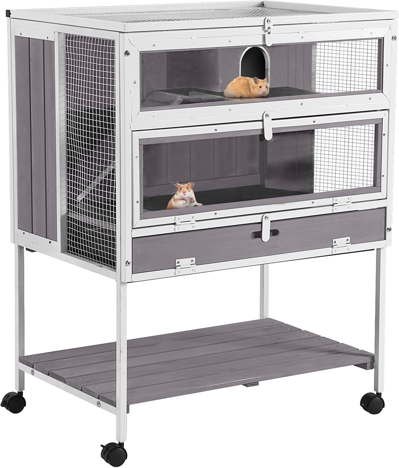 GUTINNEEN Guinea Pig Cage Hamster House with Anti-Chewing Metal Frame Rat Cage with Wheels and Storage, White Metal Frame