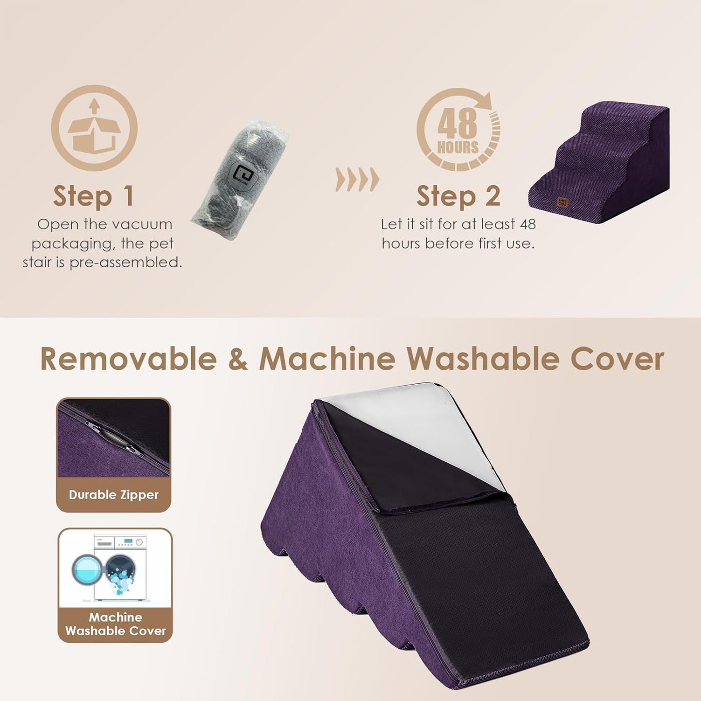 EHEYCIGA Curved Dog Stairs Ramp for Small Dogs 15.7" H, 3-Step Dog Steps for Couch Sofa and Chair, Pet Stairs for Cats, Non-Slip Balanced Pet Steps Indoor, Purple