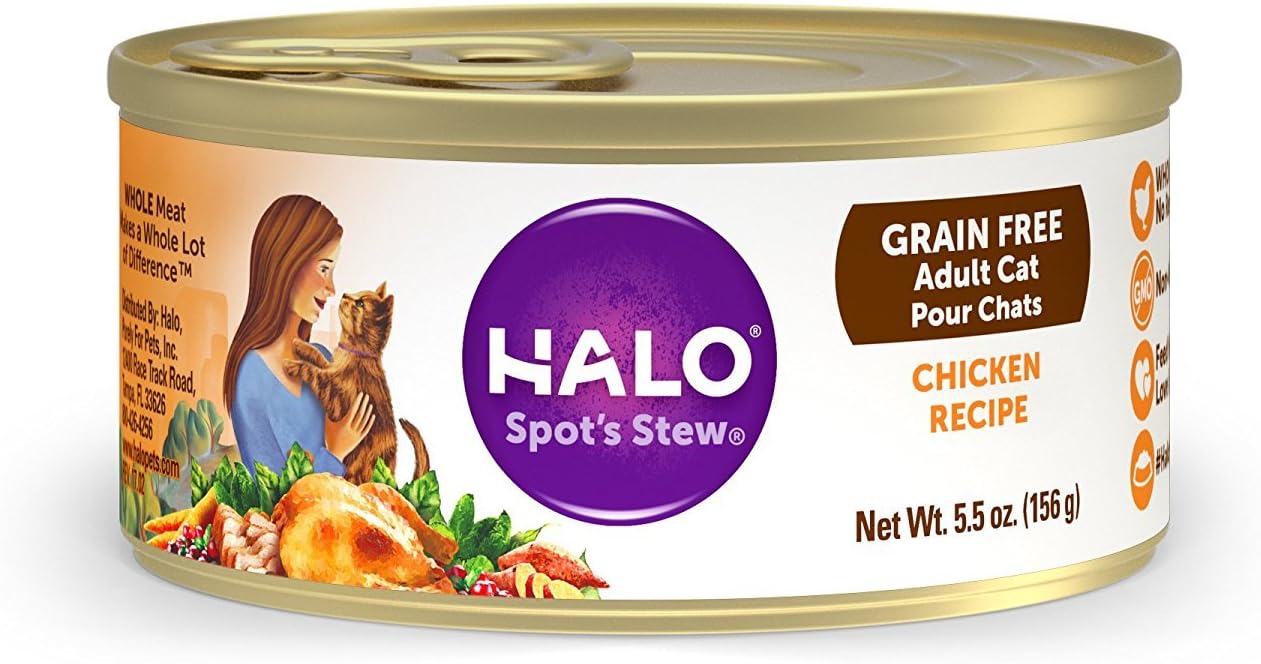 Halo Wet Cat Food Whole Chicken Recipe, Grain Free Wet Cat Pate, Canned Cat Food for Extra Hydration, 5.5 Oz Can (Pack of 12)