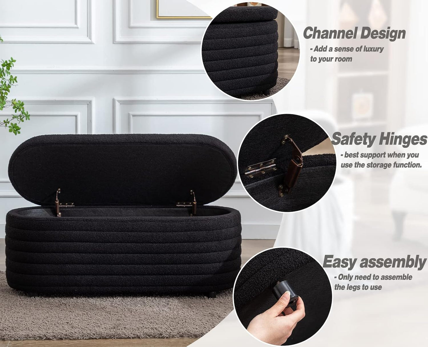 Kmax Storage Bench Faux Fur Entryway Bench Upholstered Ottoman Bench for Bedroom Living Room Hallway, Black