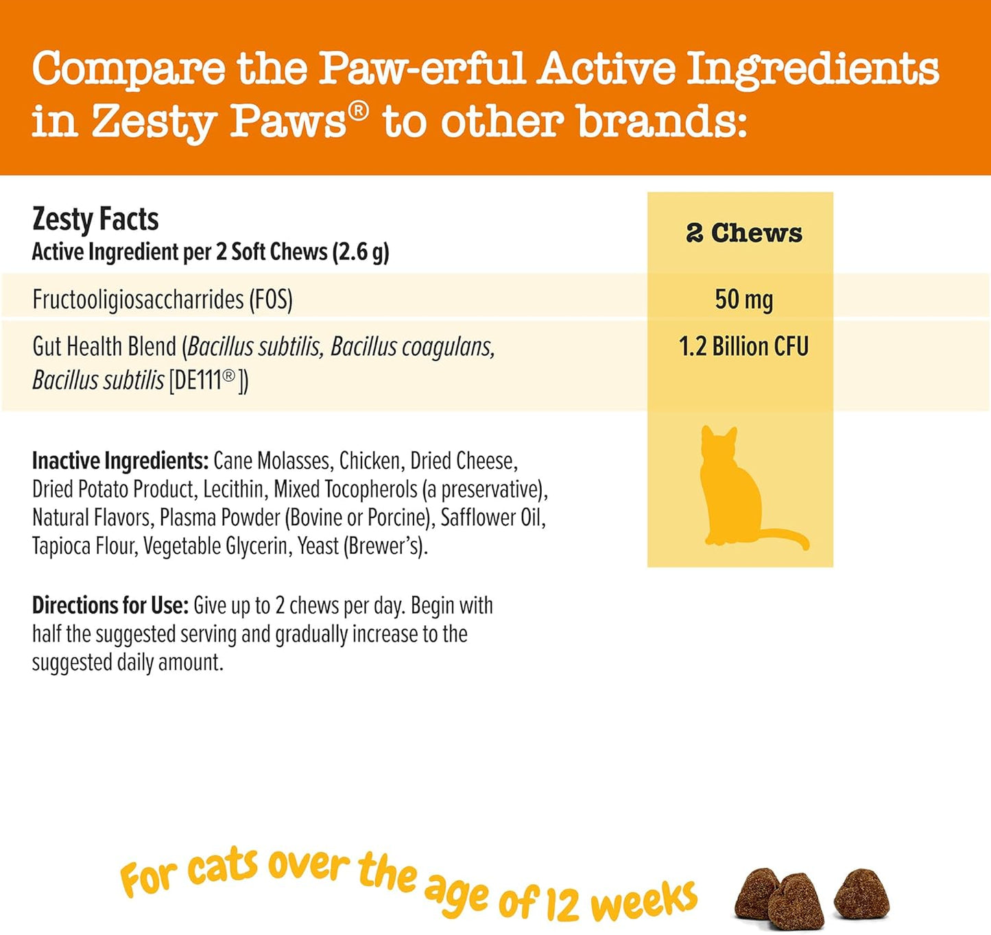 Zesty Paws Probiotic Bites for Cats - Gut Flora & Immune System Support - Cat Supplement with DE111 Bacillus subtilis - Pet Soft Chews with Probiotics & Prebiotics for Digestive Health - 60 Count