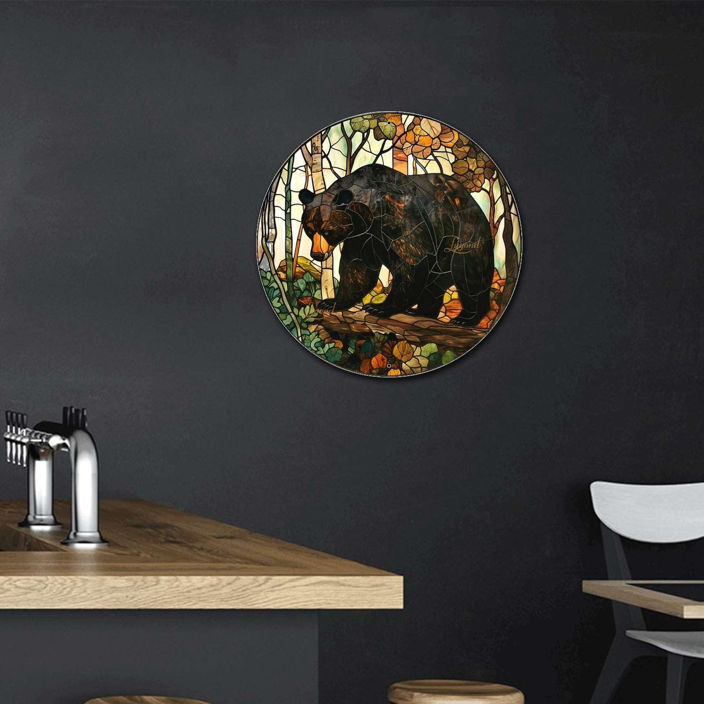 Lygond Metal Sign Tin Sign Circular Stained Glass American Black Bear Gardening Poster for Bar 8×8 Inches