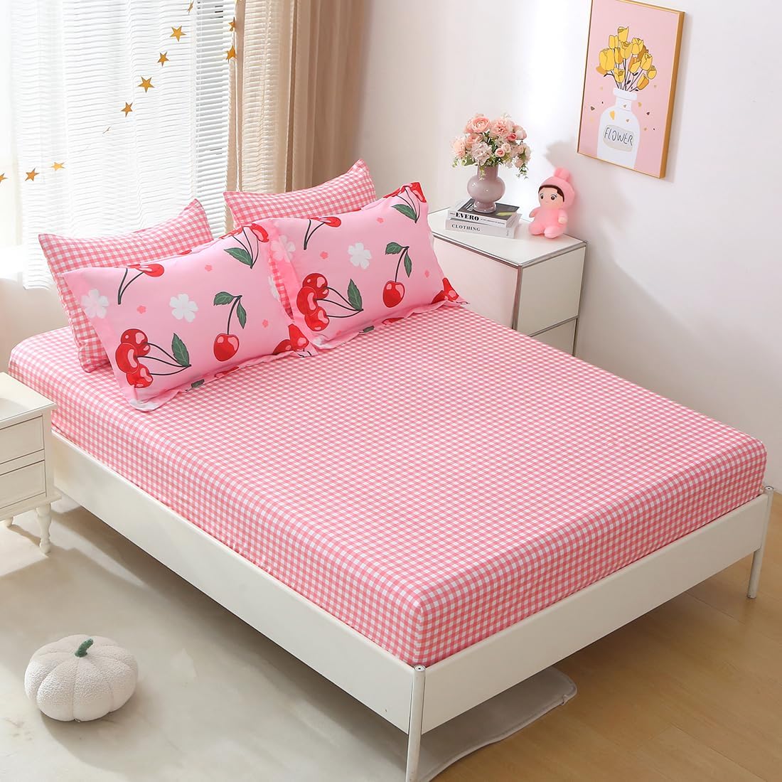 Girls Cherry Comforter Bedding Set Full Size 7 Piece Pink Kawaii Oriental Cherry Comforter Set Bed in A Bag for Kids Teens All Season (Comforter,Flat Sheet,Fitted Sheet and Pillow Sham)