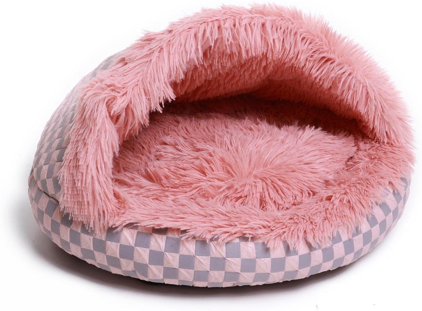 Cat Bed Hooded Plush Nest with Self-Warming Cozy Cave, Calming Anti-Anxiety Pet Bed for Indoor Cats & Small Dogs, Removable Washable Cover & Waterproof Bottom - Pink