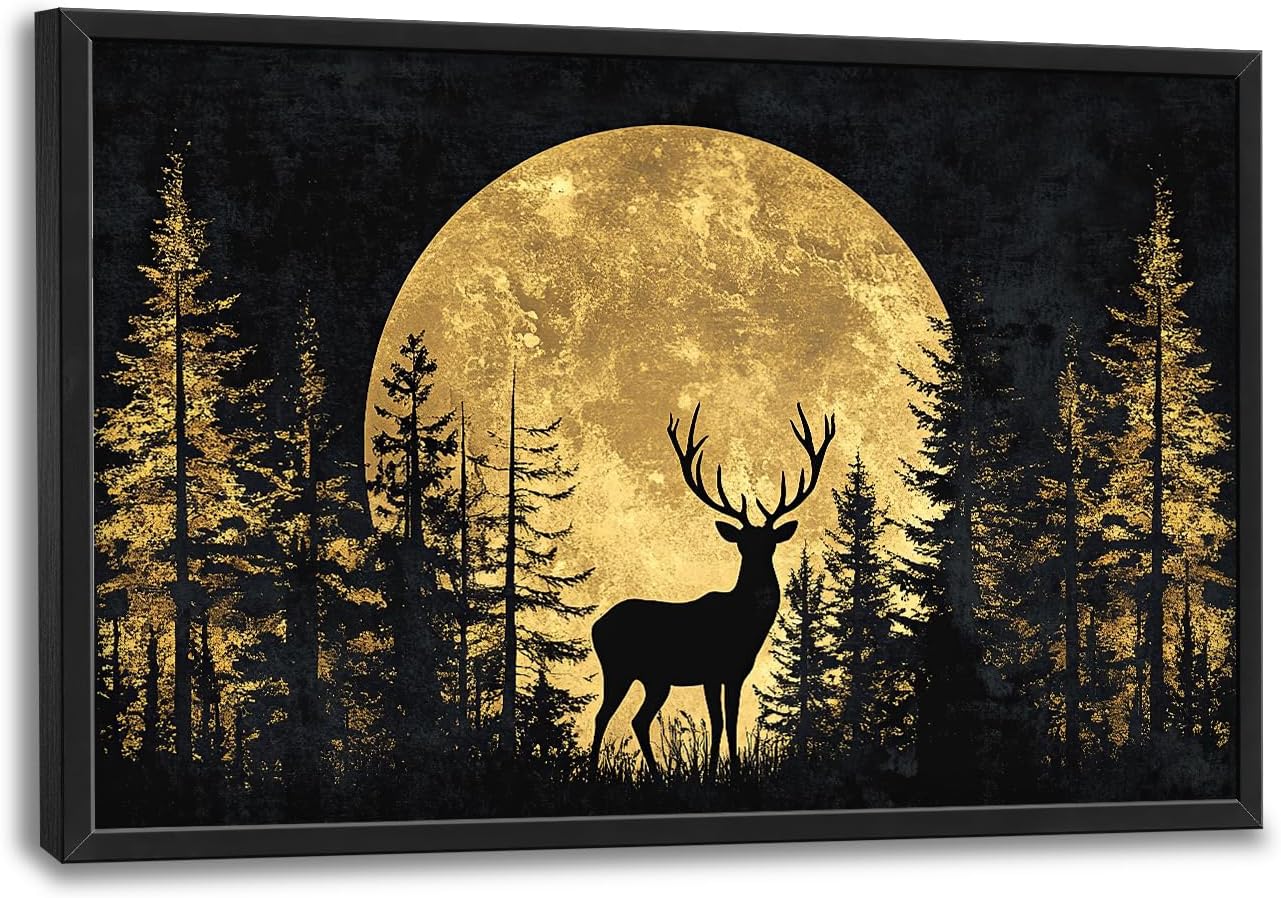 Large Moon Forest Deer Wall Art for Living Room, Black Deer Canvas Oversized Wall Decor, Elk Animal Aesthetics Framed Pictures Painting Print Artwork for Bedroom Office 36L" x 24W"