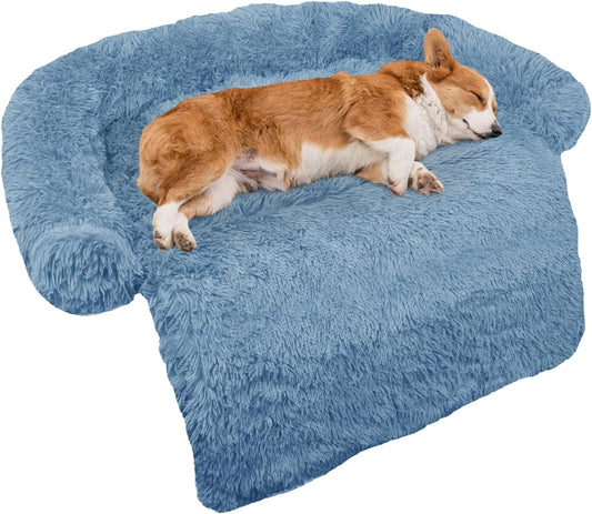 GGIB Calming Dog Bed Fluffy Plush Dog Mat for Furniture Protector with Removable Washable Cover for Large Medium Small Dogs and Cats (Medium, Navy)