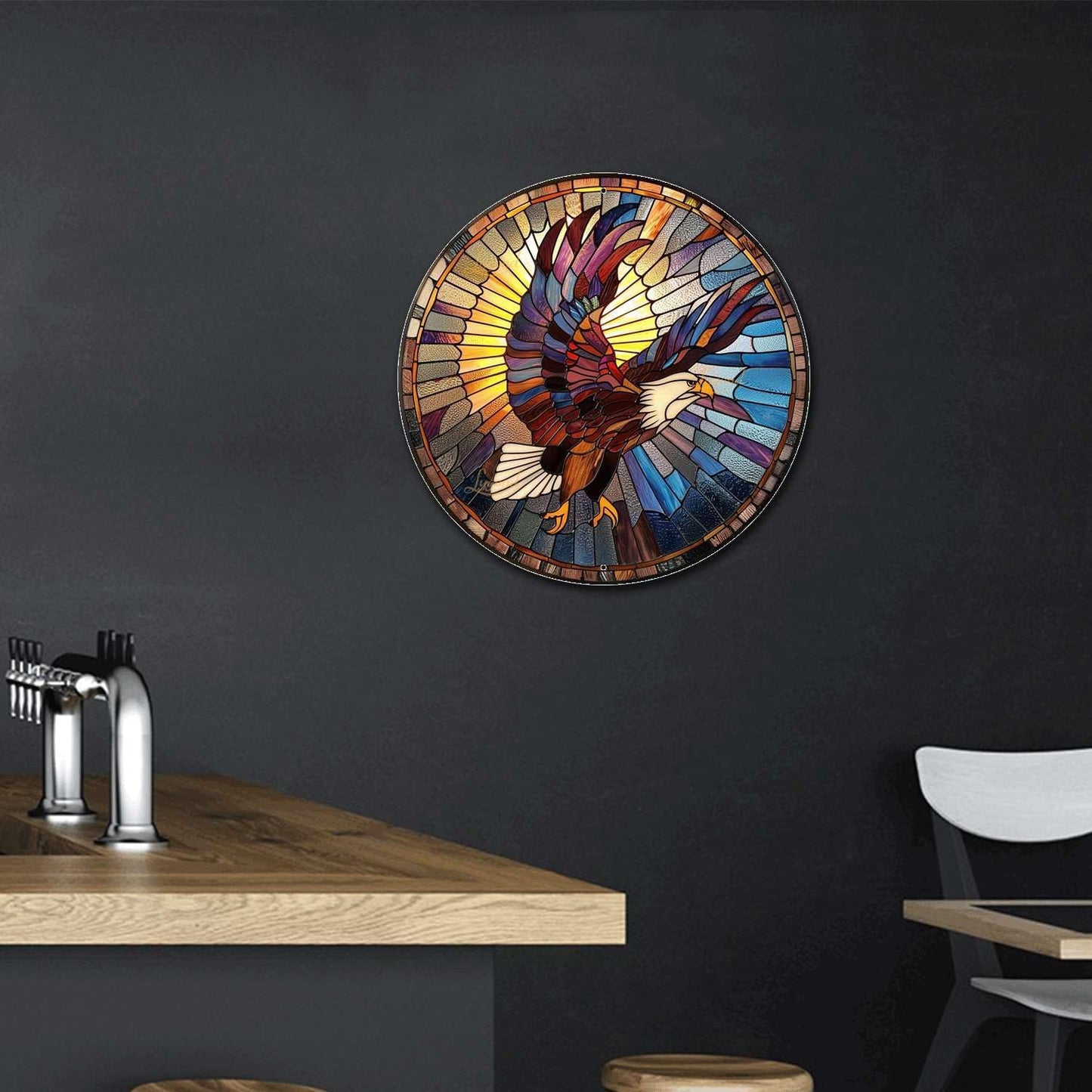 Lygond Metal Sign Tin Sign Circular Stained Glass Eagle Kitty Decor For Pet 8×8 Inches