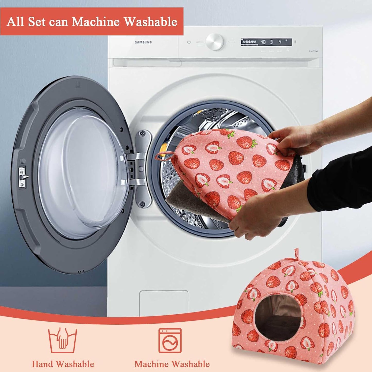 JSPYFITS Guinea Pig Hideout Bed Rabbit House Cave Accessories Cozy Hide-Out Guinea Pig Bed Washable Cage for Small Pet Hamster Ferret Rabbit Bunny Pink Strawberry