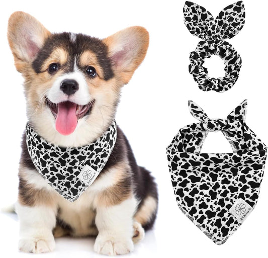 E-Clover Cow Print Dog Bandanas & Matching Scrunchie Set Fall Cowboys Theme Dog Scarf Bibs Pet Bandana with Bow Tie for Small Dogs Puppy Owner Mom Black White