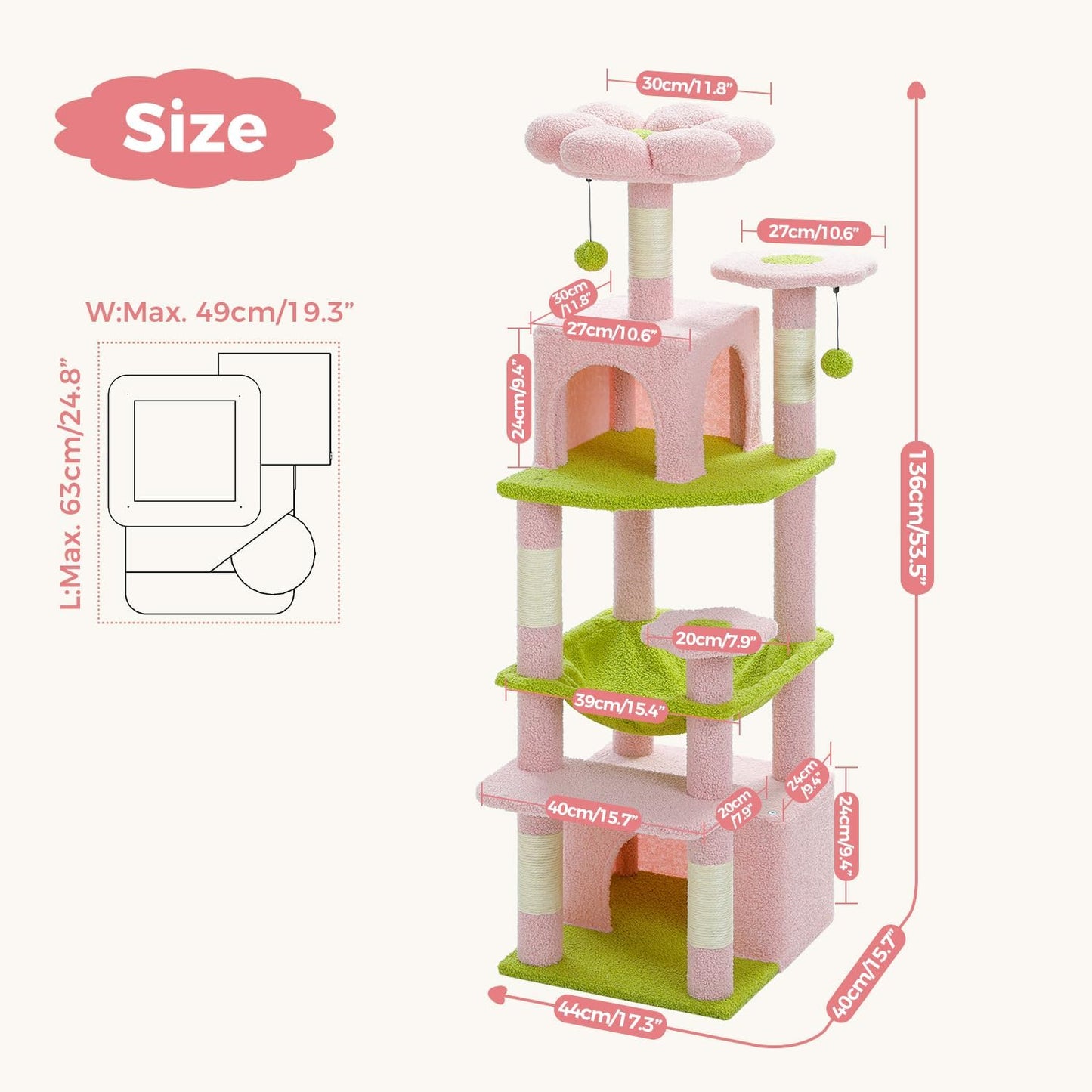 PAWZ Road Cat Tree, 53.5 Inches Tall Cat Tower with Spacious Hammocks, Condos and Scratching Posts, Cat House with Dual Padded Perches for Indoor Large Cats-Pink
