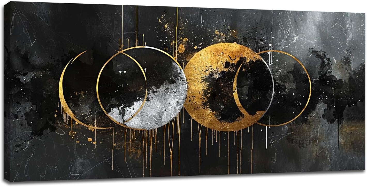 Quorin Abstract Sun Moon Large Wall Art Black and Gold Circle Pictures Sun and Moon Wall Decor Canvas Print Painting Artwork for Bathroom Living Room Bedroom 30"x60"