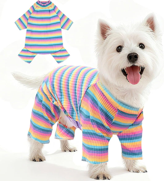 BAEJMJK Striped Dog Pajamas Stretchy Cute Four-Legged Boy Girl Dog Clothes with Sleeves Comfortable Dogs Jumpsuit Colorful Pet Puppy Outfits Apparel for Small Medium Dogs Cats(Pink,Pink,Large)
