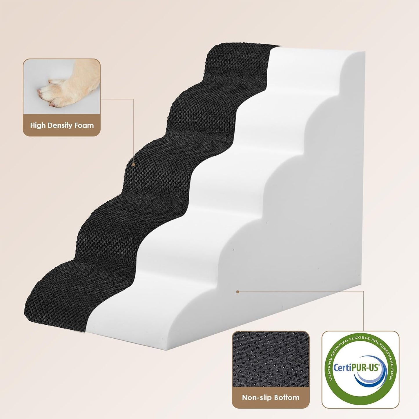 EHEYCIGA Curved Dog Stairs Ramp for High Beds 22.6" H, 5-Step Dog Steps for Small Dogs and Cats, Pet Stairs for High Bed Climbing, Non-Slip Balanced Pet Step Indoor, Black