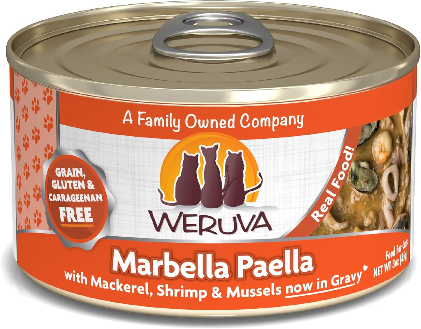 Weruva Classic Cat Food, Marbella Paella with Mackerel, Shrimp, & Mussels in Gravy, 3oz Can (Pack of 24)