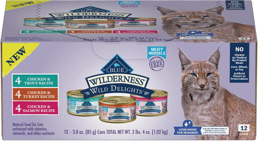 Blue Buffalo Wilderness Wild Delights High Protein Grain Free, Natural Adult Meaty Morsels Wet Cat Food, Ⲥhicken & Turkey, 𝙲hicken & Trout, 𝐂hicken & Salmon 3-oz cans (12 count - 4 of Each Flavor)