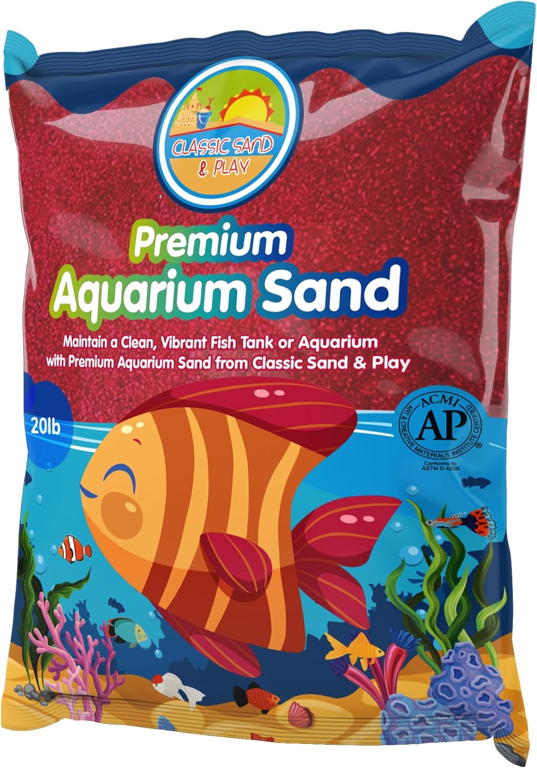 CLASSIC SAND & PLAY Natural Aquarium Sand for Freshwater and Saltwater Tanks, 20 lb. Bag, Improves Filter Life and Filtration Process, Pre-Washed Fine Sand, Red