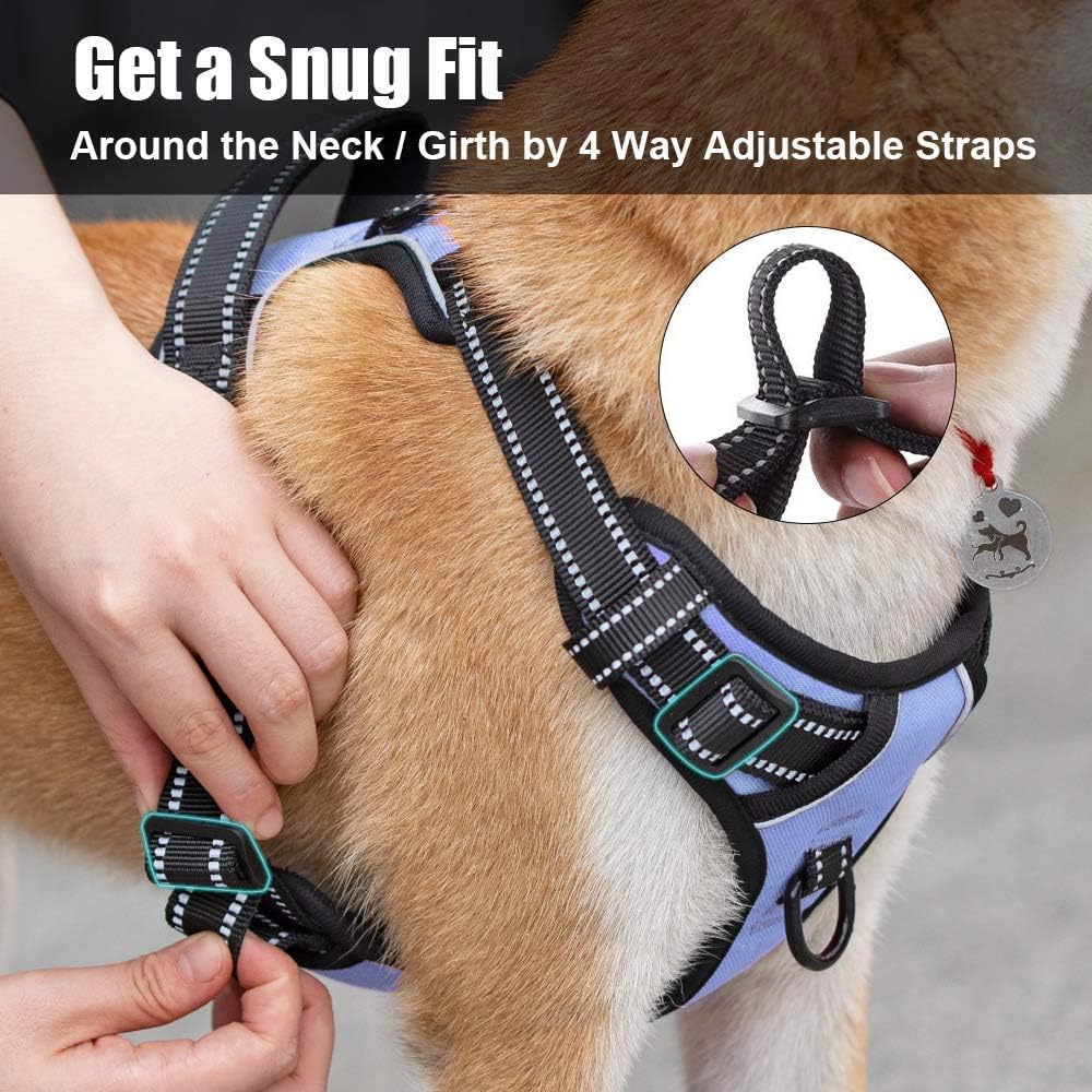 PoyPet No Pull Dog Harness, Reflective Comfortable Vest Harness with Front & Back 2 Leash Attachments and Easy Control Handle Adjustable Soft Padded Pet Vest for Small to Large Dogs (Light Blue,XL)