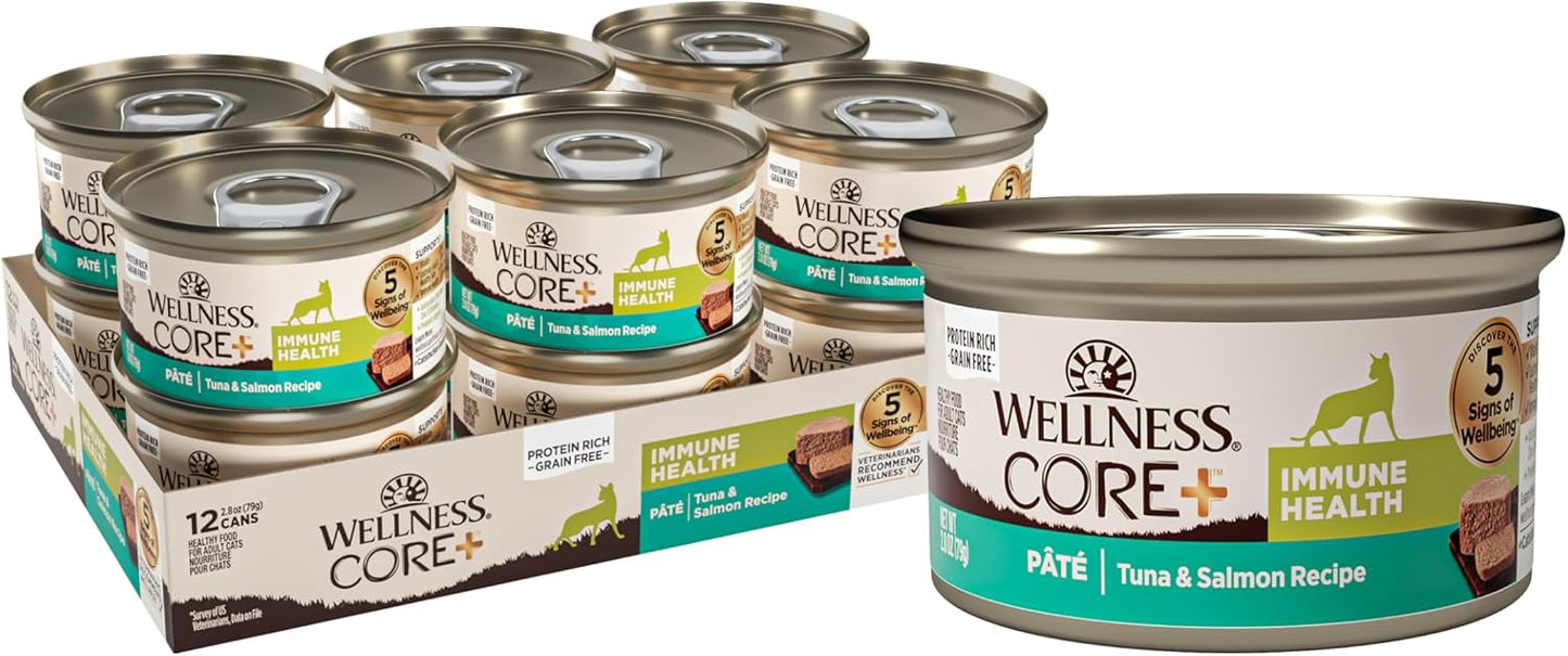Wellness CORE+ Immune Health Pate Adult Wet Cat Food, Natural, Protein-Rich, Grain Free, 2.8 Ounce, 12 Pack (Tuna & Salmon)