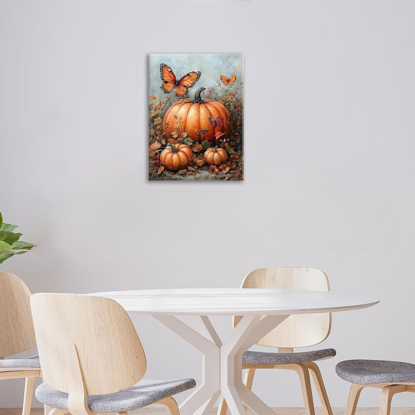 Fall Pumpkin Pictures Wall Art, Rustic Thanksgiving Bathroom Wall Decor, Farmhouse Autumn Butterfly Framed Painting Canvas Artwork for Harvest Gift Bedroom Living Room Decorations 20"L x 16"W