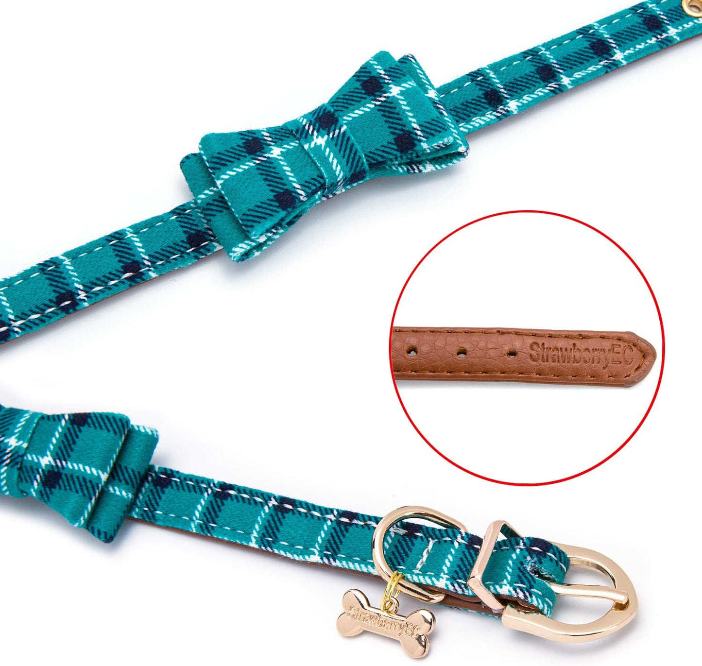 Puppy Collars for Small Dogs - StrawberryEC Adjustable Puppy Id Buckle Collar Leather. Cute Plaid Bandana Dog Collar (Bow-Peacock Green)