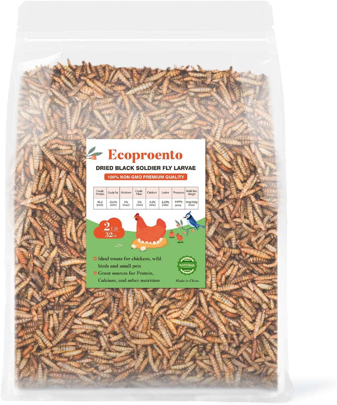 Ecoproento Dried Black Soldier Fly Larvae 2LB - High Calcium Chicken Feed - 85X More Calcium, High Protein Non-GMO Mealworms for Wild Birds, Ducks, Turkeys, Quails, Turtles, Chickens Treats