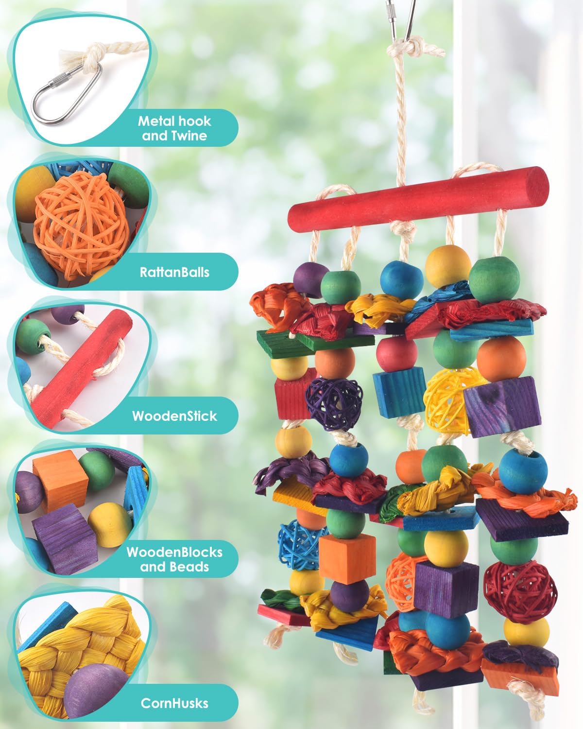 Bird Toys, Parakeet Chewing Toy, Multicolored Natural Wooden Blocks Birds Parrot Tearing Toys mit Rattan Wicker Balls, for Medium Small Macaw Cockatoos Budgie Lovebird Cockatiel Conures