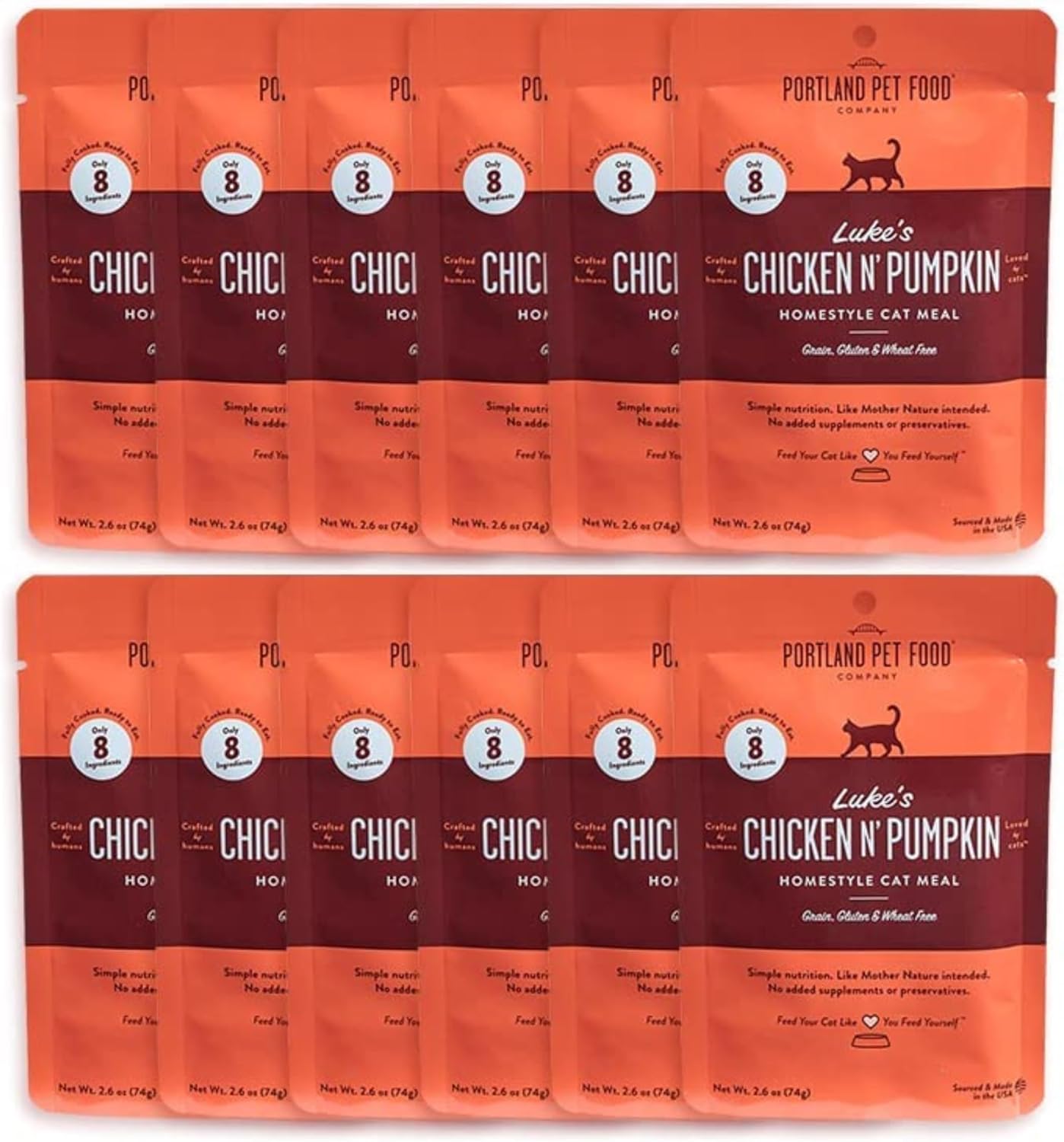 Portland Pet Food Company Human-Grade Mixed Variety Pack Wet Cat Food Pouch Luke's Chicken N' Pumpkin - Moist, Soft Cat Food Mixer, Topper, and Rotational Meal - 12 Pack
