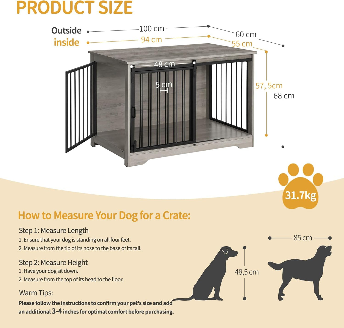39.4" Heavy Duty Dog Crate Furniture with Barn Door, Wood Indoor Dog Crate Kennel for Small/Medium/Large Dogs, End Side Table, TV Stand, Greige Black DFC02305B