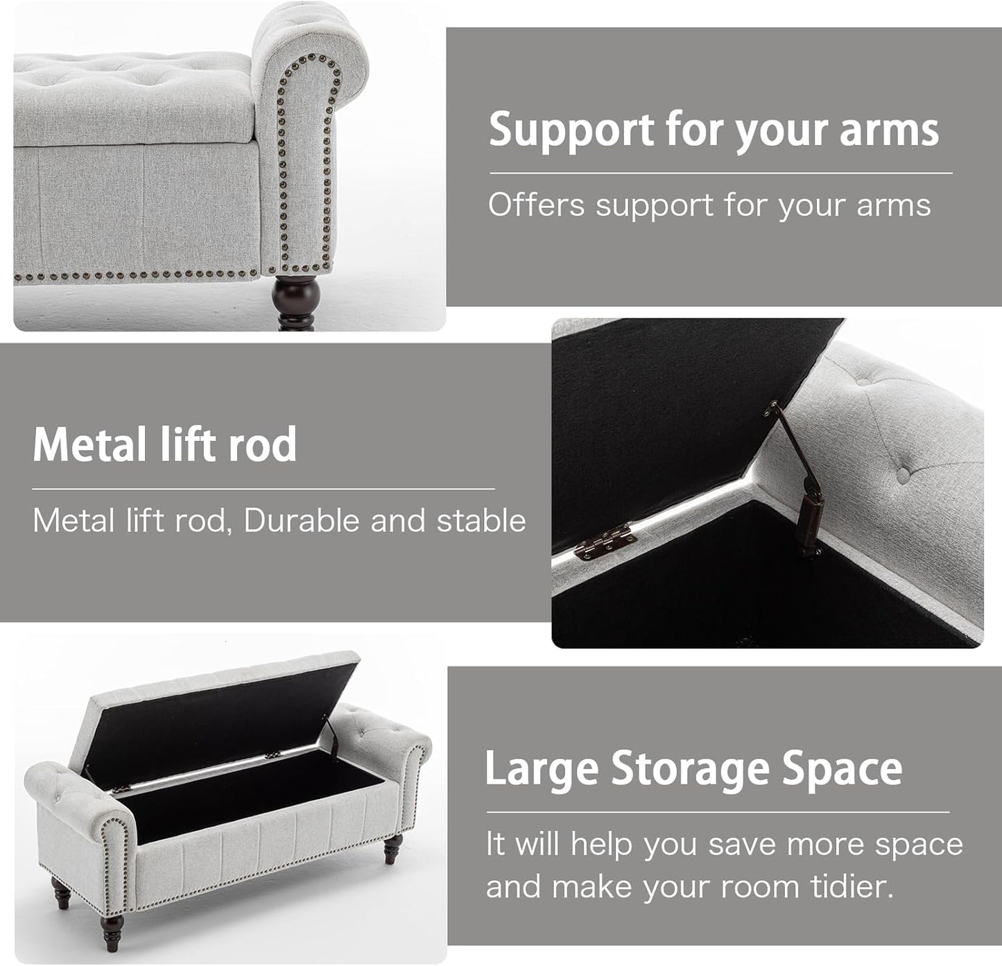 58’’ Storage Bench for Bedroom, Upholstered Button-Tufted Ottoman with Solid Wood Legs, Queen Size End of Bed Shoe Cabinet, Window Seat Foot Rest Stool for Entryway, Living Room (Silver)