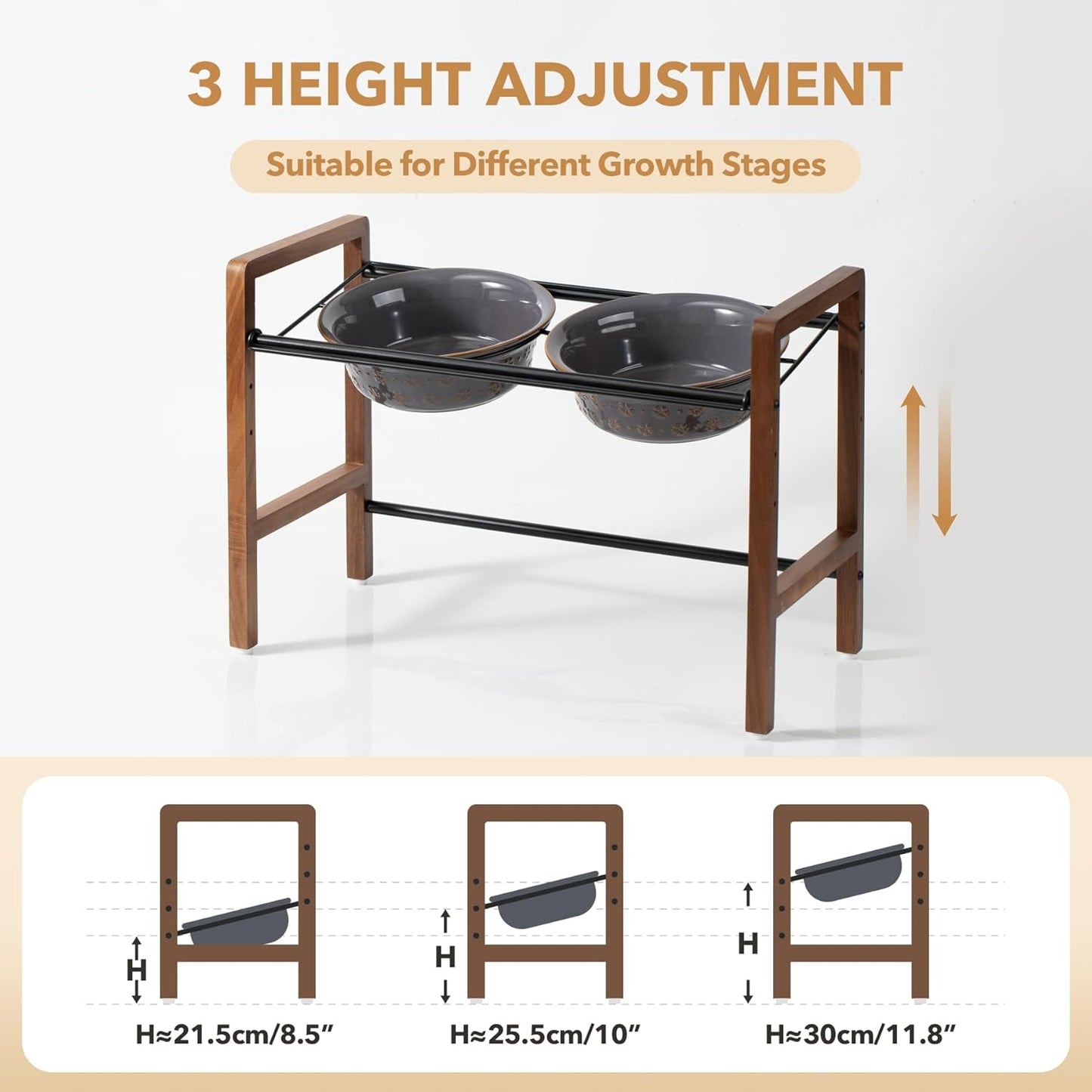 8.7inch Ceramic Adjustable Raised Double Bowls Set with Stand, 3 Heights Elevated, 2 Placement Options,Food and Water Dishes for Large Dog(Double Bowls+Stand, Reactived Glaze -Grey)