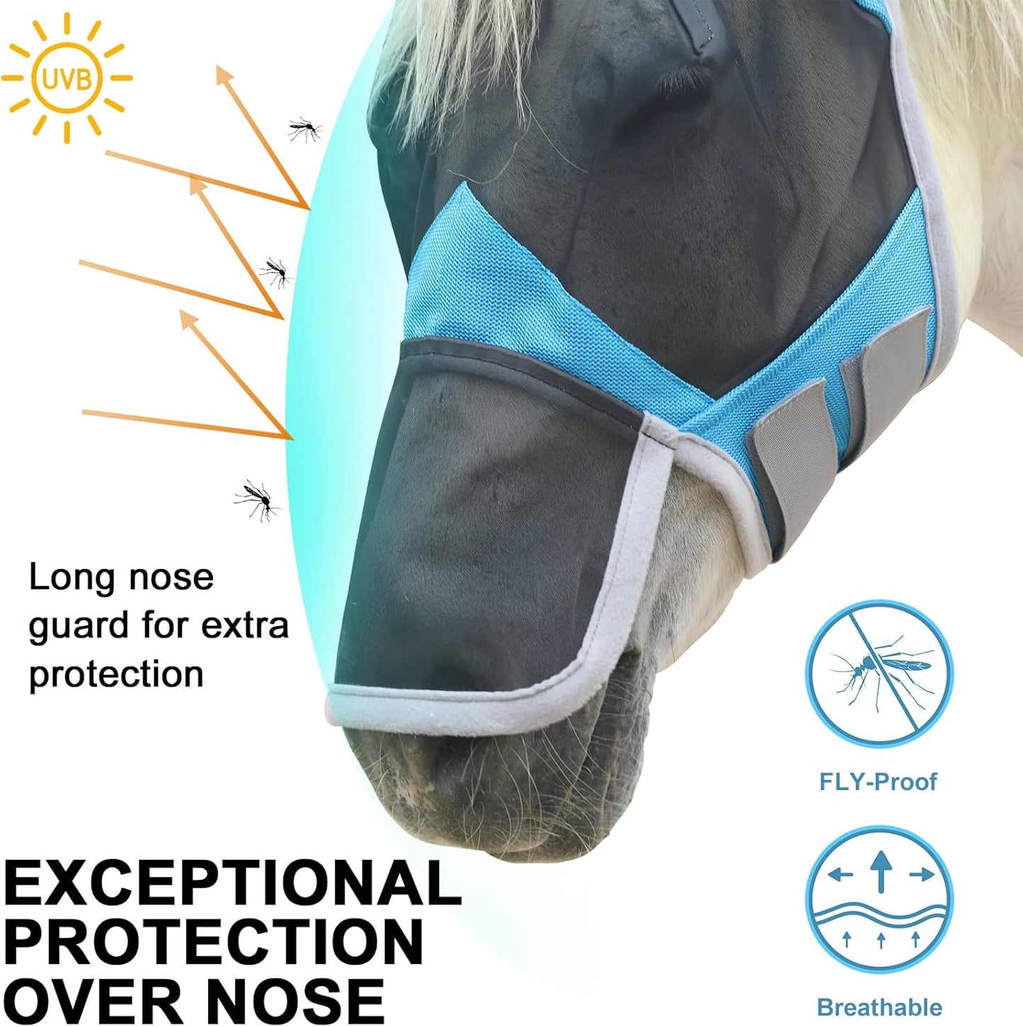 Horse Fly Mask with Ears & Long Nose Cover | Forelock Opening for Tangle-Free Mane Care | UV Protection & Breathable Mesh | No Rub Fit and Enhanced Visbility for Trail Riding Paleblue Pony