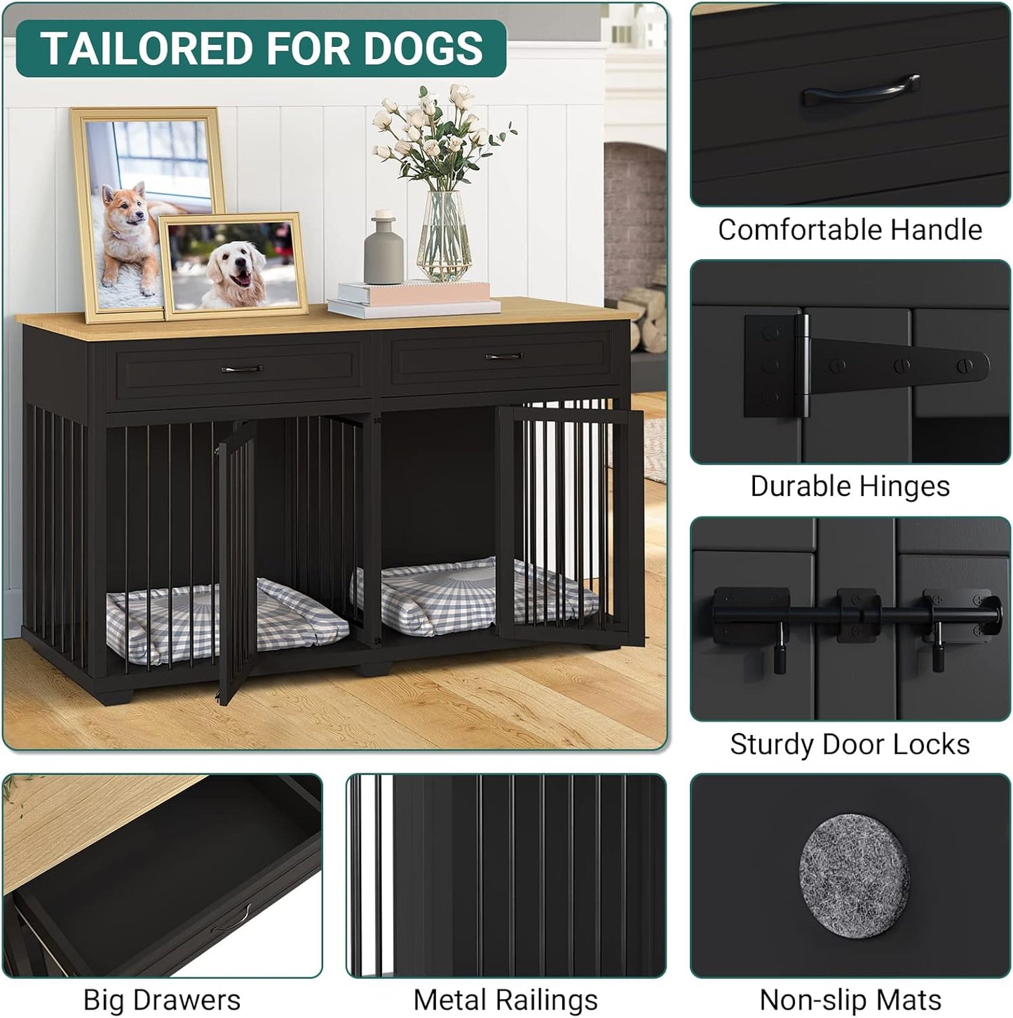 Large Dog Crate with Double Rooms, 72" Heavy Duty Wooden Dog Cage Furniutre Dog Crate Kennel w/Drawers & Removable Divider,Indoor Luxury Dog House for Large Dogs,Black