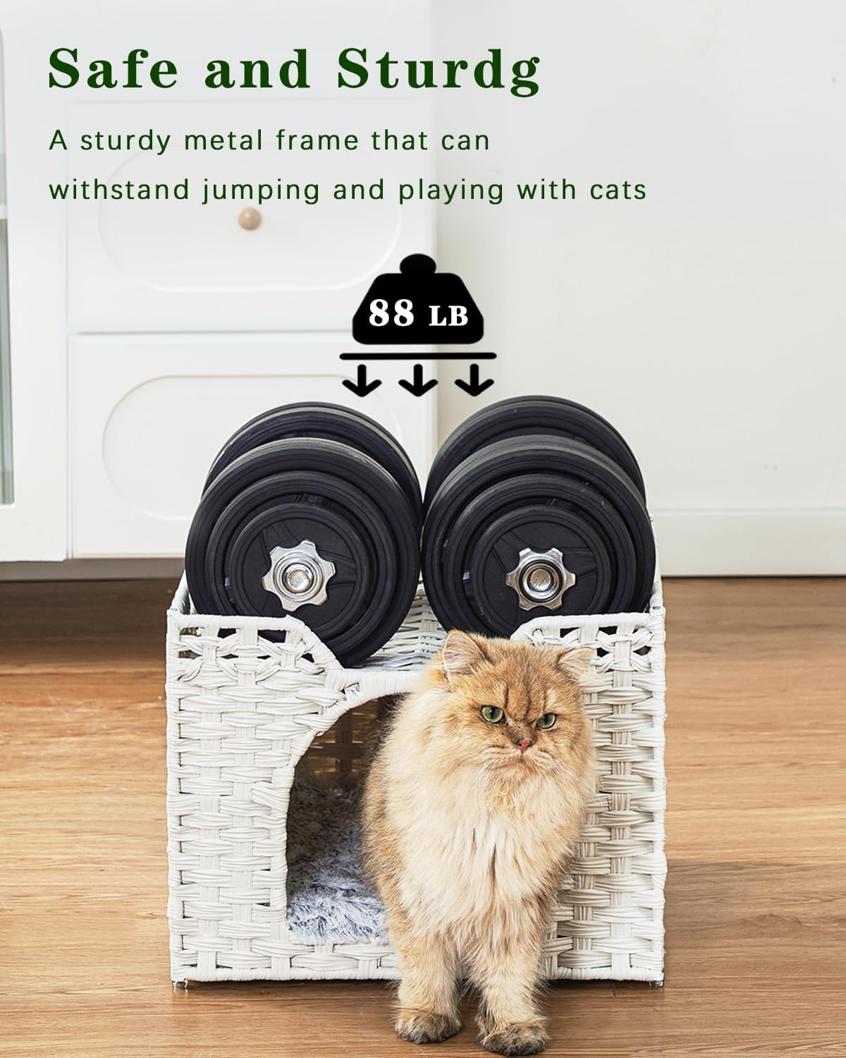 Cat Beds Indoor Kitten House, Handwoven Rattan Cat Cave Pet Cube, Large Cat Houses, One Bed Mat, Foldable, Hideaway, 16.5x16.5x13.2 Inches, 2 S-Shaped Hooks in Living Room Bedroom White