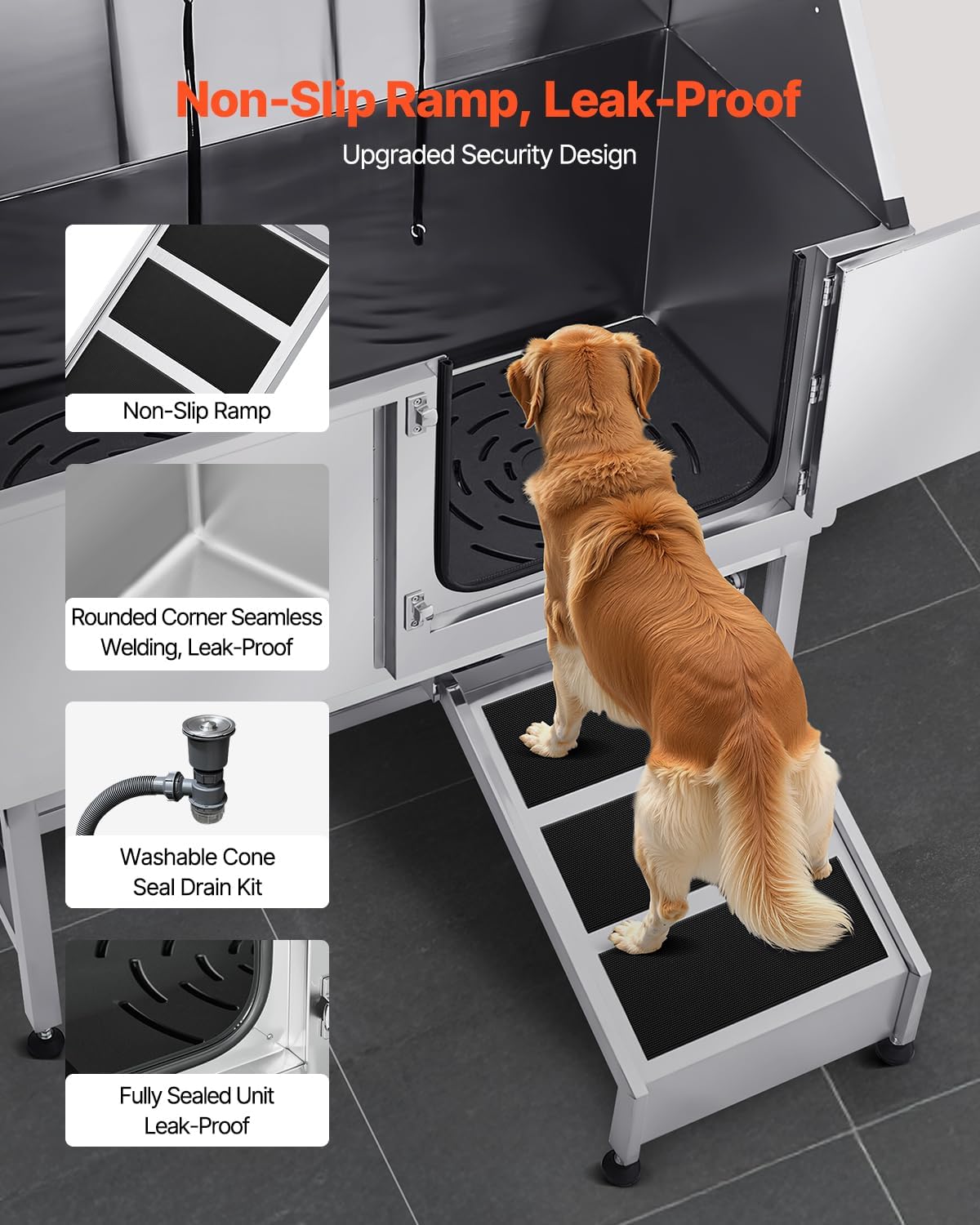 VEVOR Stainless Steel Dog Washing Station, Professional 62 inch Pet Grooming Tub w/Ramp, PE Water Filter Board, Faucet & Showerhead & Soap Holder Bathtub for Large & Medium & Small Pets (Right Door)