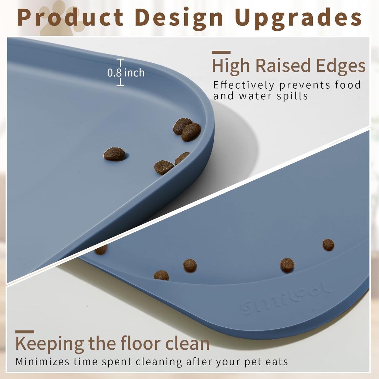 Silicone Pet Feeding Mat with Raised Edge & Residue Collection Pocket for Food and Water, Dog Bowl Mats, Cat Bowls Placemat with High Lip for Floor Waterproof, 24 x 16 x 0.8 Slate Blue