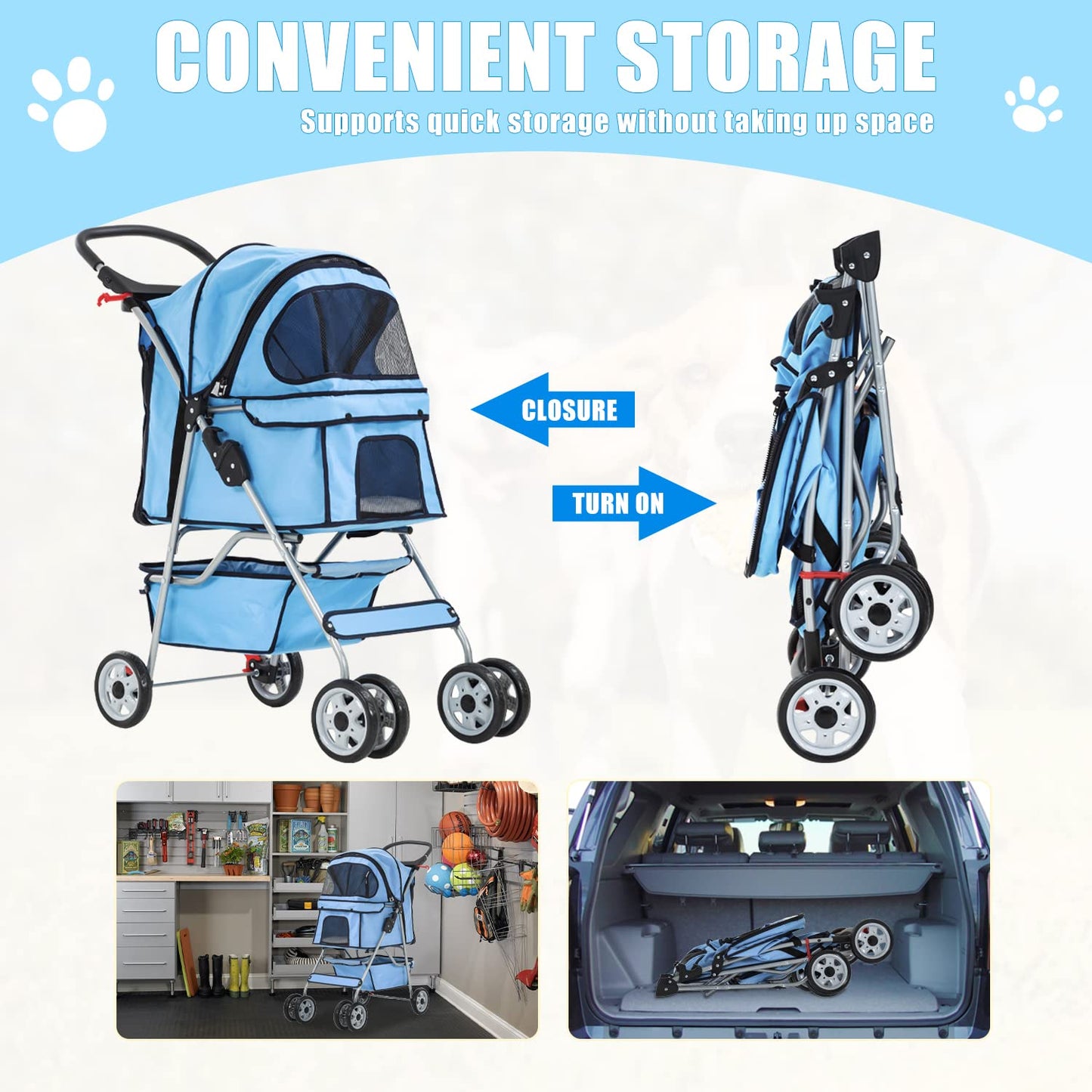 Dog Stroller, Folding 4 Wheels Pet Stroller for Small Medium Dog Cat Travel Carrier with Weather Cover Storage Basket Cup Holders Blue