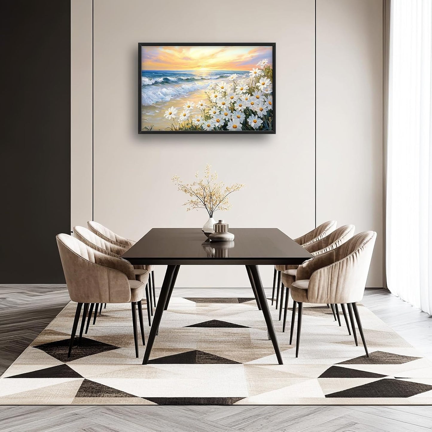 Large Beach Daisy Wall Art, Framed Coastal Beach Wall Decor for Living Room, Oversized Sunrise Canvas Painting Seascape Pictures Home Decoration for Living Room Bedroom Office 36"x24"