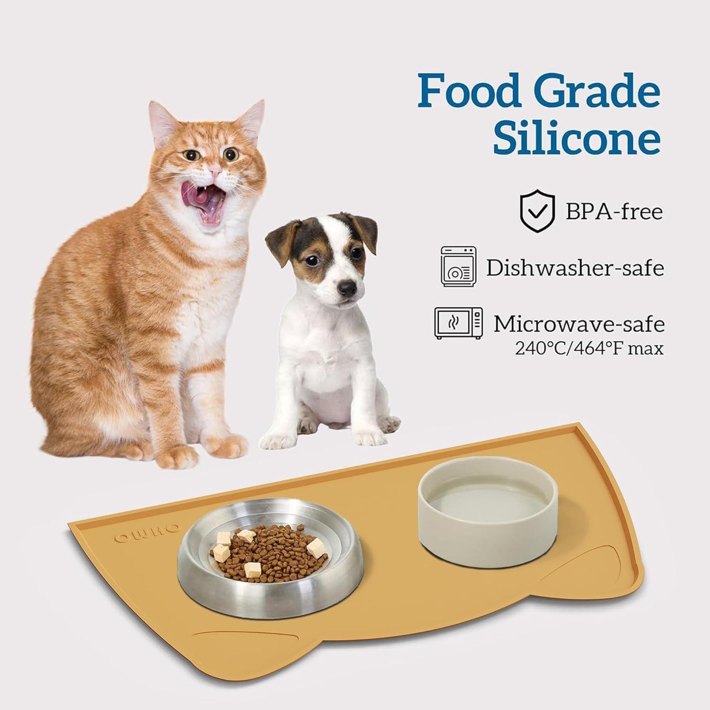 OHMO - Cat Food Mat, Silicone Pet Feeding Mat for Floor Non-Skid Waterproof Dog Water Bowl Tray, Easy to Clean Pet Placemat